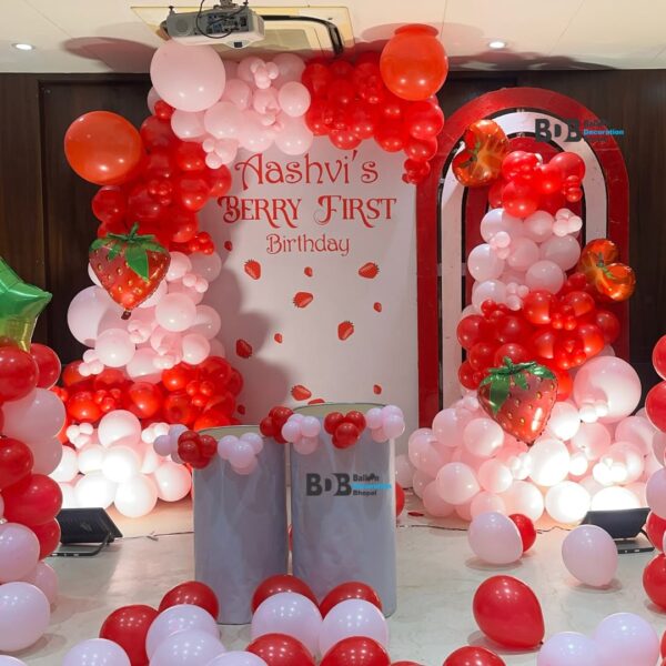 🍓 Berry Sweet Strawberry Theme 1st Birthday Balloon Decoration Setup 🍓