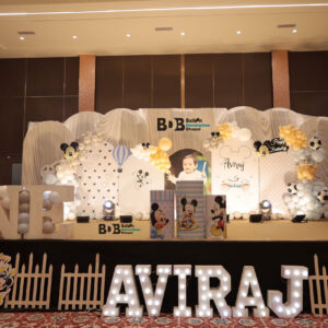 Kids birthday stage decoration with balloon arch in Bhopa