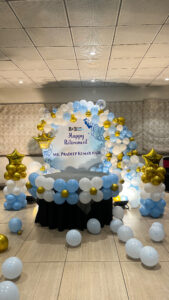 Happy retirement balloon decoration with blue white and gold theme and customized name backdrop in Bhopal