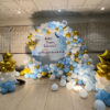 Happy retirement balloon decoration with blue white and gold theme and customized name backdrop in Bhopal