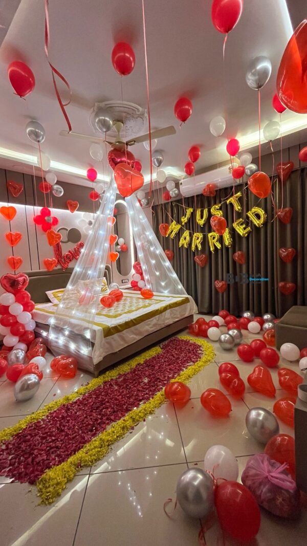 Romantic Room Decoration for Anniversary & Surprise Celebration | Red White Balloon Setup with Rose Petals