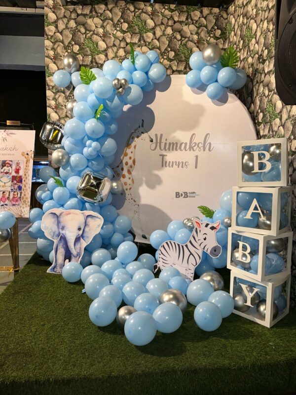 Safari Theme 1st Birthday Decoration for Baby Boy | Blue Balloon Arch with Animal Cutouts & BABY Boxes