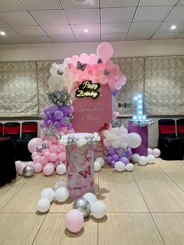 Butterfly Theme First Birthday Balloon Decoration Setup | Pink & Lavender Balloon Arch for Baby Girl Birthday