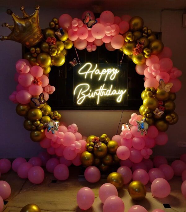 Luxury Pink & Gold Birthday Balloon Decoration Setup | Neon Happy Birthday Ring Arch Theme
