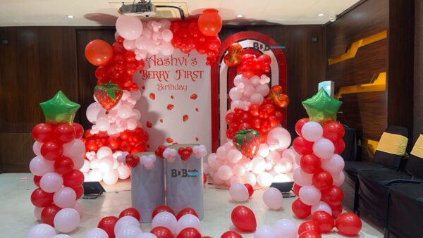 Strawberry Theme First Birthday Decoration Setup | Red & White Balloon Birthday Theme