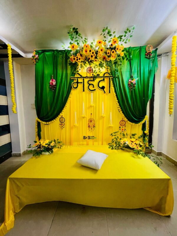 Haldi Ceremony Decoration Setup | Yellow Green Floral Haldi Backdrop Decoration