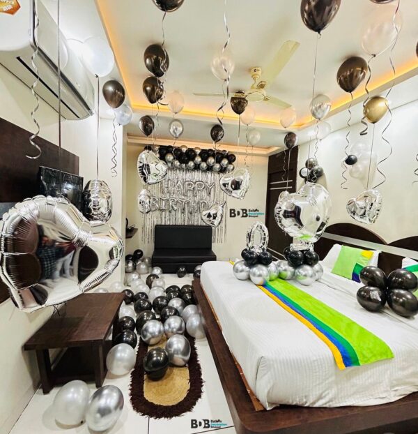 Romantic Birthday Room Decoration Setup | Black Silver Balloon Surprise Decoration