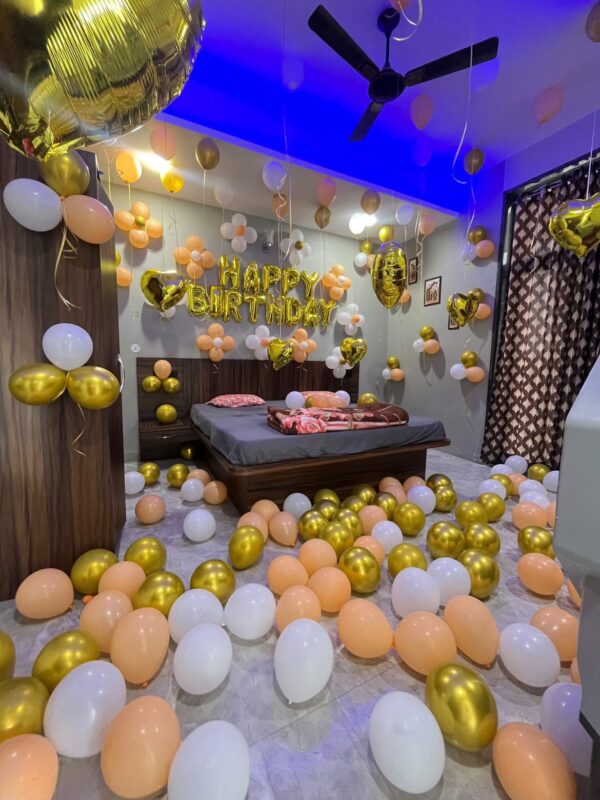 Peach Gold Birthday Room Decoration Setup | Elegant Happy Birthday Balloon Decoration