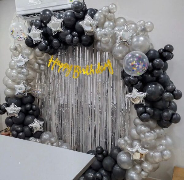 Birthday Balloon Decoration Setup | Elegant Black Silver Theme Decoration