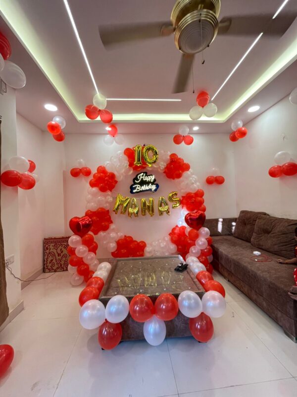 Metallic Red & White Ring Birthday Decoration | Elegant Balloon Ring Setup