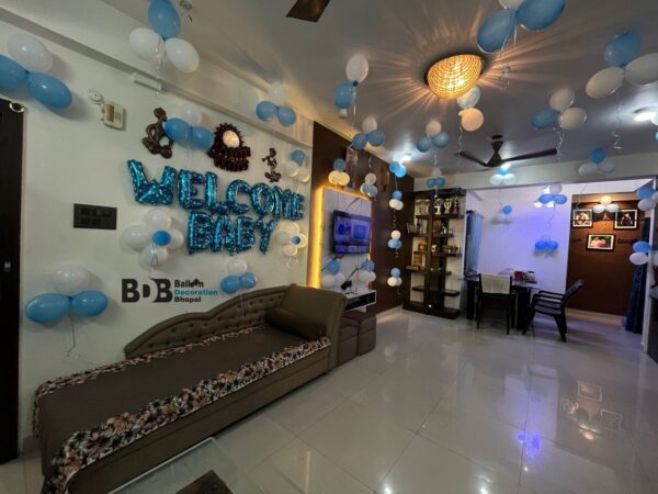 Welcome Baby Balloon Decoration at Home | Blue White Baby Welcome Setup
