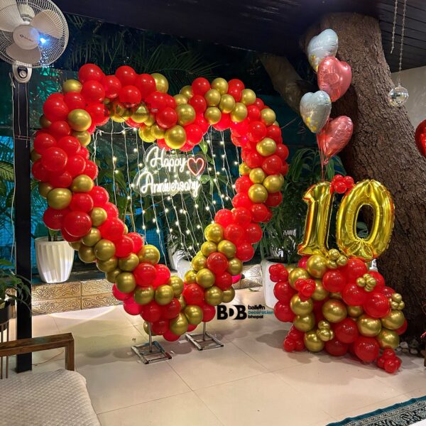 Red & Gold Anniversary Ring Decoration | Romantic Balloon Arch Setup