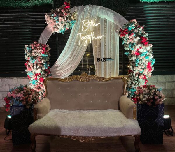 Luxury Floral Engagement Stage Decoration | Better Together Couple Backdrop Setup in Bhopal