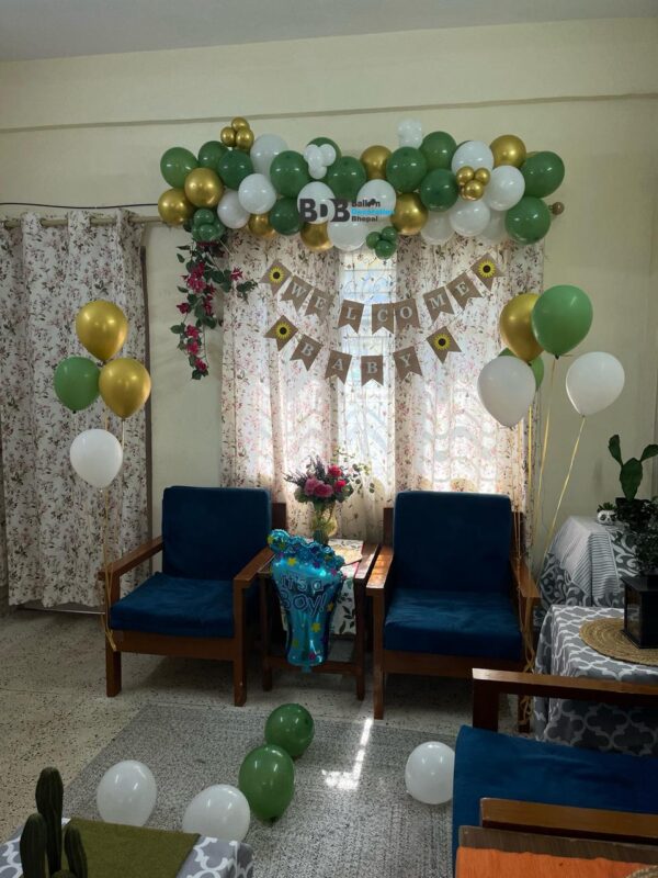 Welcome Baby Boy Balloon Decoration | Green White & Gold Baby Shower Setup
