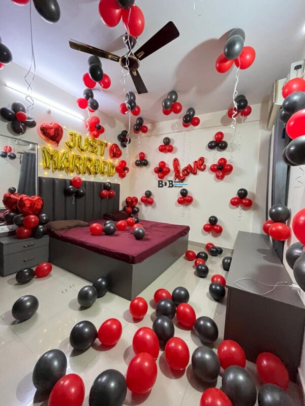 Romantic Just Married Room Decoration | Red & Black Balloon Surprise Setup