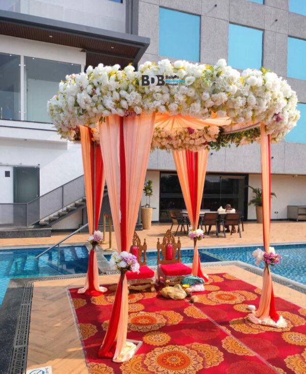 Royal Floral Haldi Decoration | Poolside Canopy Setup in Bhopal