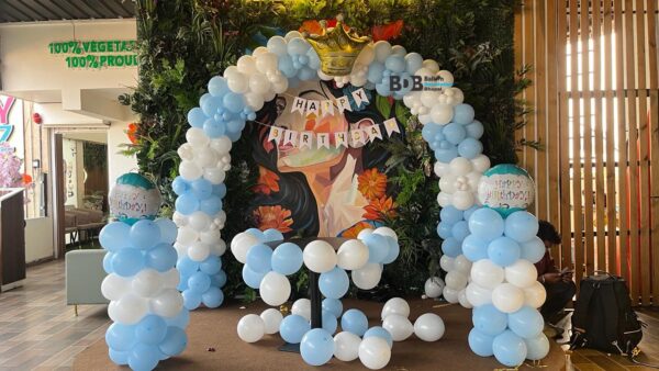 Baby Blue & White Birthday Balloon Decoration | Elegant Arch Setup in Bhopal