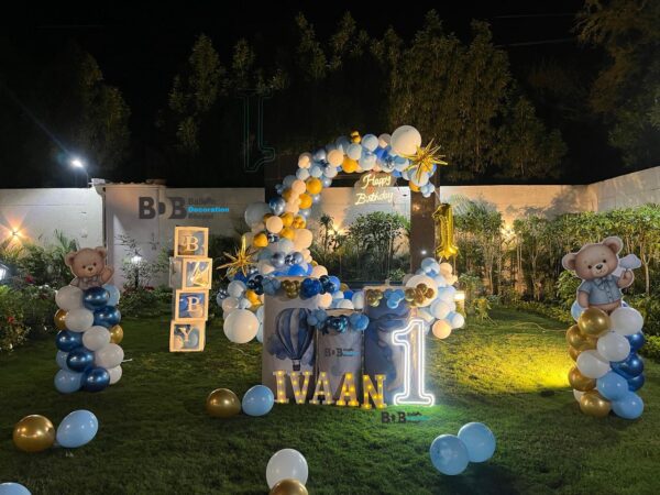 Teddy Bear First Birthday Decoration | Blue White Balloon Birthday Setup